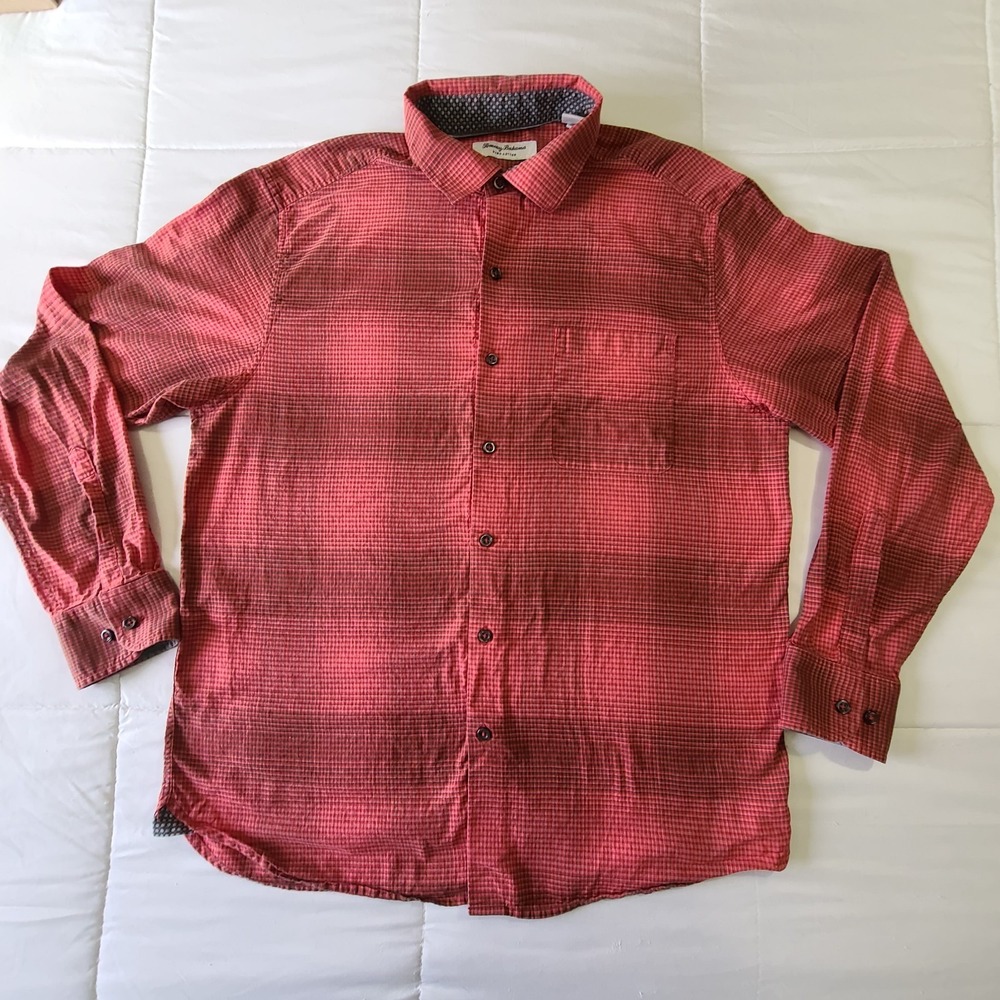 Tommy Bahama Button Up Mens Medium Pocora Plaid Pima Cotton Red Black Pocket